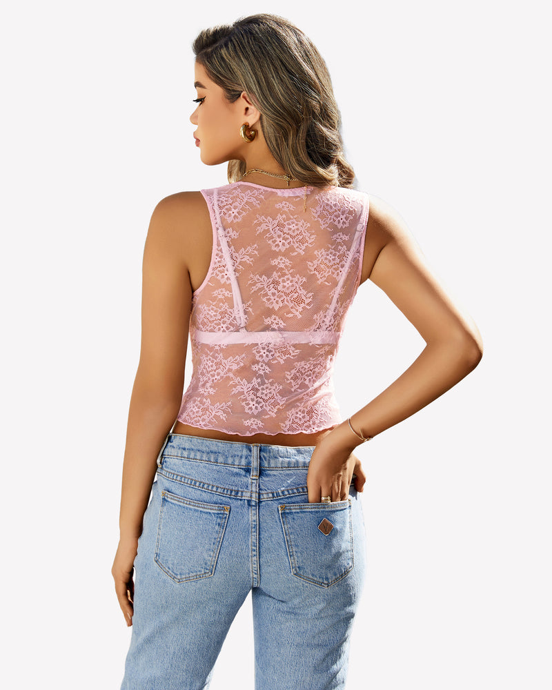 Pink lace tank top, Going Out Tops collection, floral design, perfect for spring and summer.