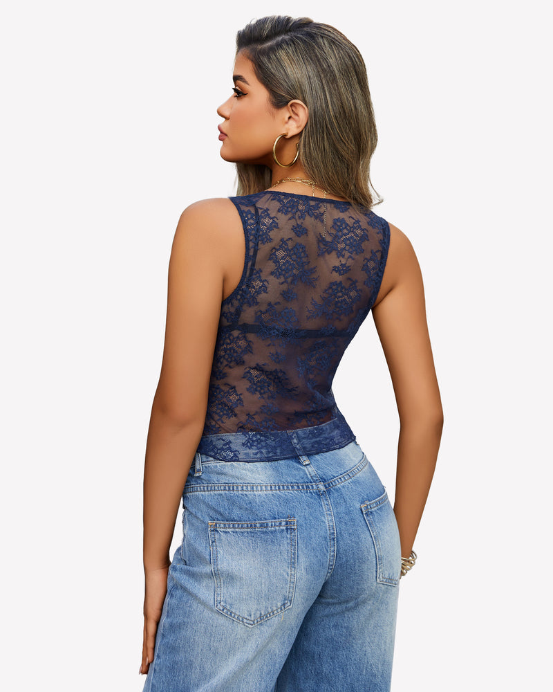 Navy blue lace tank top, Going Out Tops collection, floral design, perfect for spring/summer.
