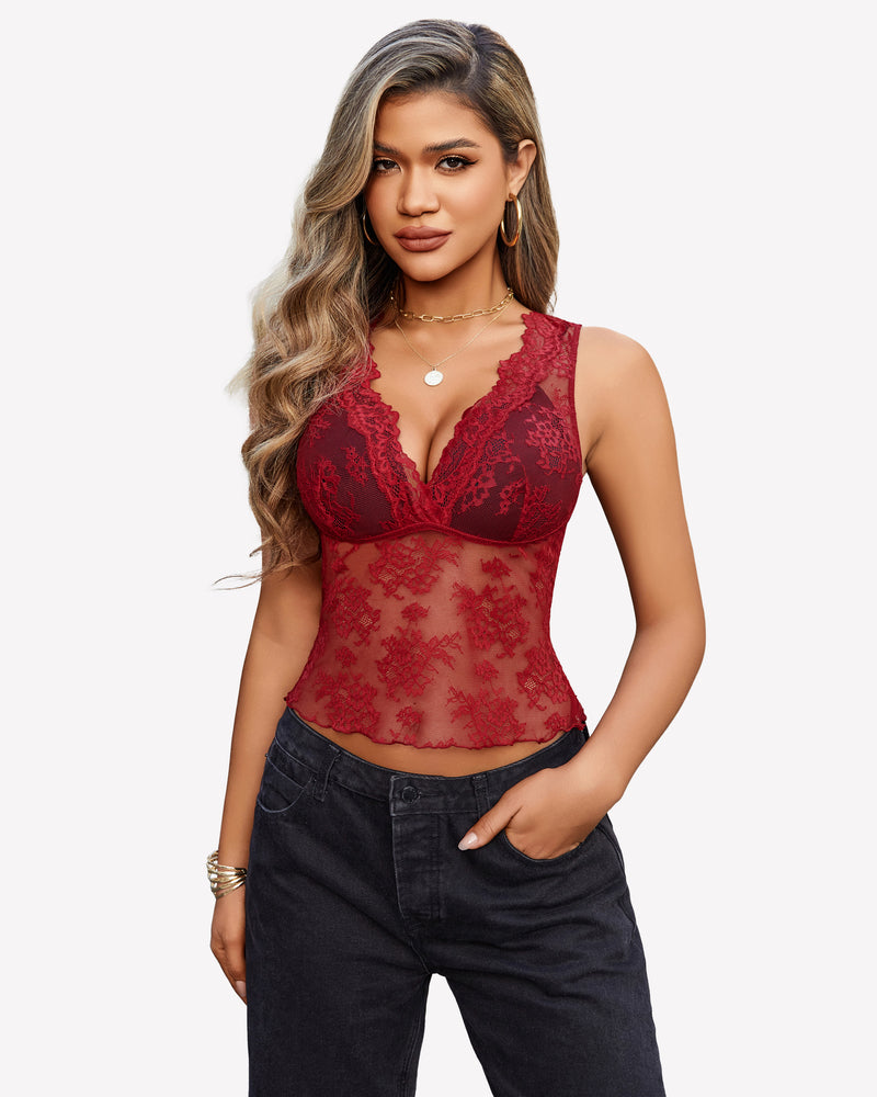 Burgundy floral lace tank top, Going Out Tops collection, perfect for spring/summer