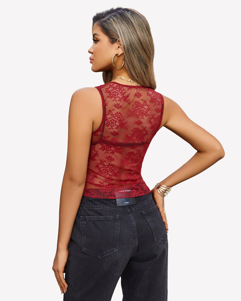 Burgundy lace tank top, Going Out Tops, floral design, with black jeans, spring/summer