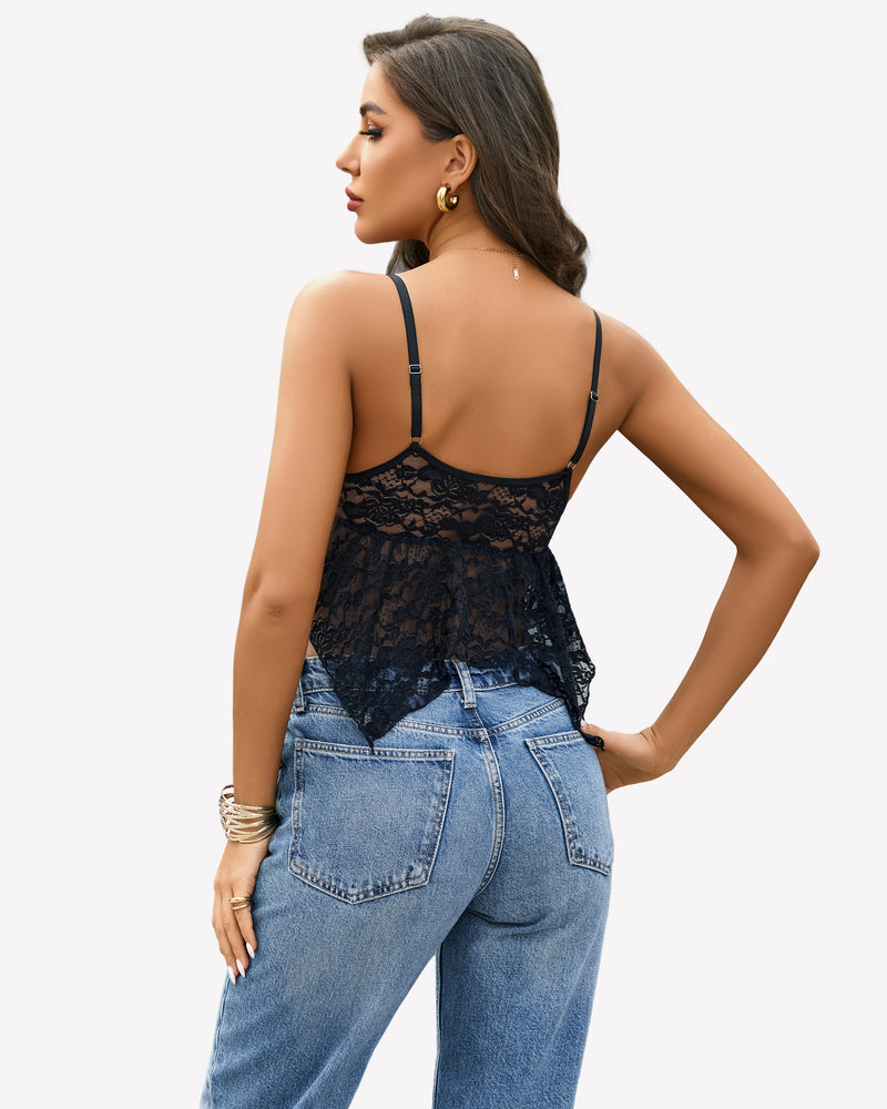 Black lace bralette crop top with V-neck and blue jeans. Floral lace design, perfect for layering.