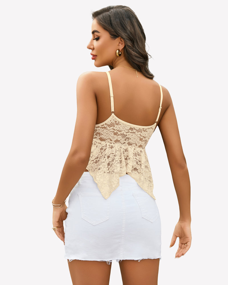 Lace bralette crop top with V-neck and white denim skirt. Beige floral lace design.
