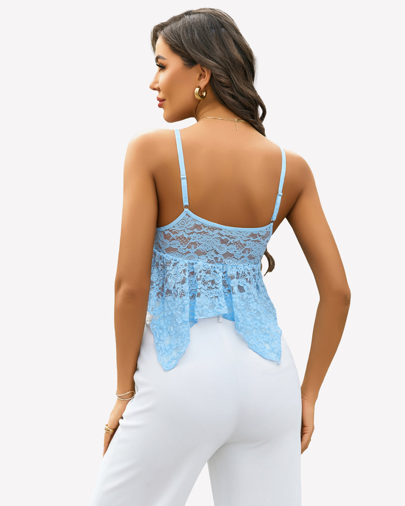 Light blue lace bralette crop top with V-neck, floral lace design, and white pants.