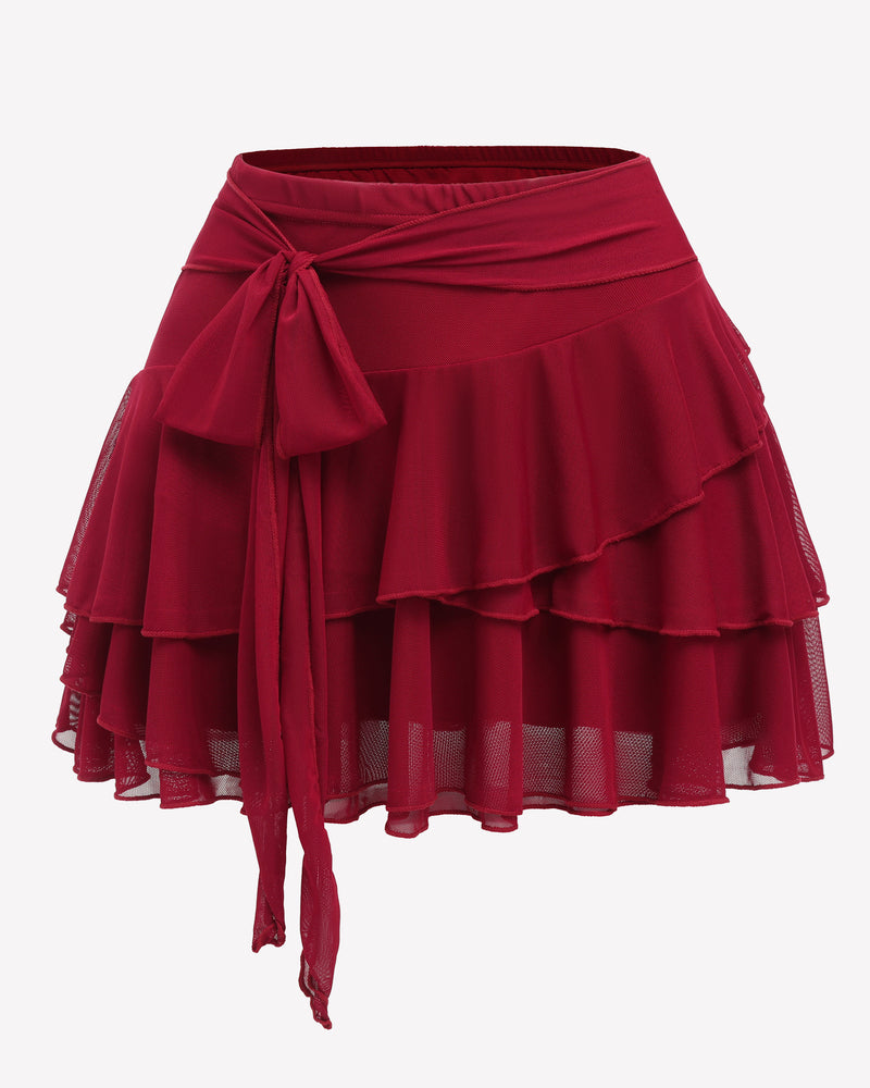 Red ruffle mini skirt with flowy hem, multi-layer design, and waist belt detail