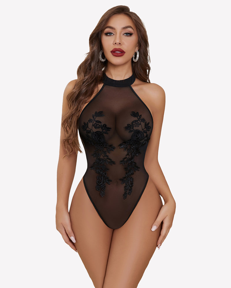 Black mesh embroidered bodysuit. Halter neck lingerie for women, offering comfort and allure.