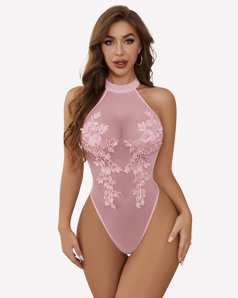 Pink mesh embroidered halter bodysuit with floral lace, for confidence and inner beauty.