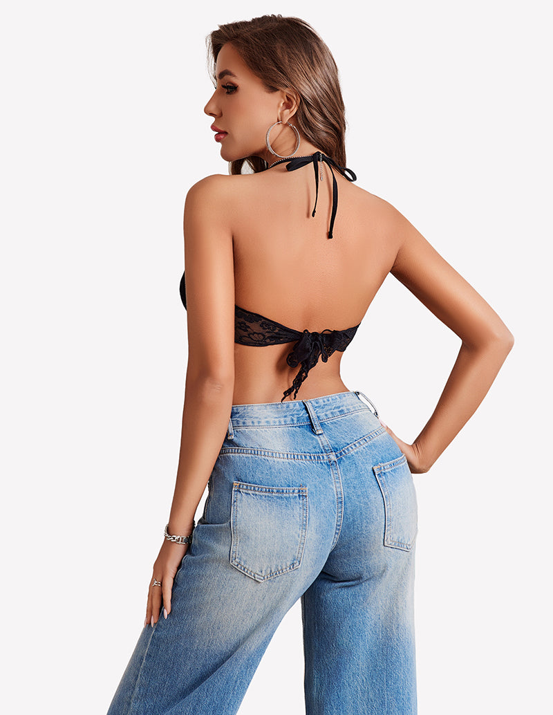 Black lace halter V-neck crop top cami tank, ideal for parties and nights out.