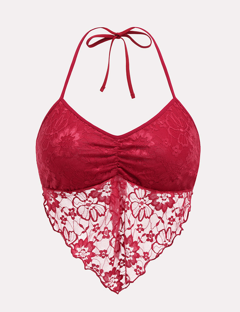 Red lace crop top halter V neck cami tank, perfect for parties and nights out.