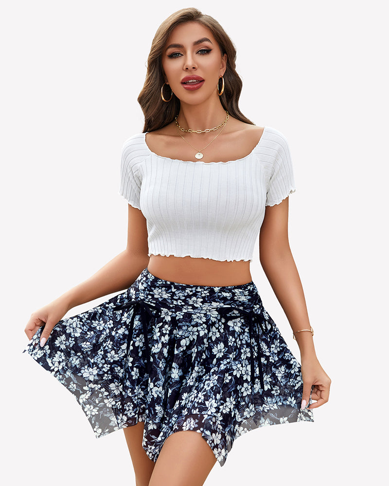 Blue floral mesh Y2K short skort with asymmetrical hem, white crop top, summer wear