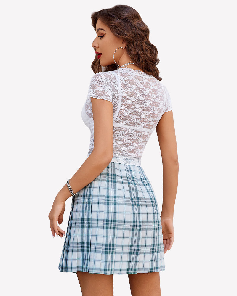 White lace see-through shirt and green plaid skirt, perfect for a night out or casual wear.