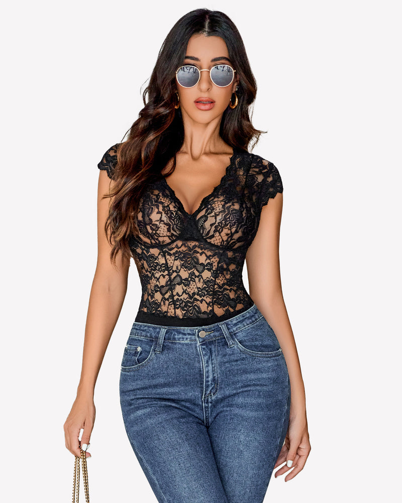 Black lace bodysuit with deep V-neck and snap crotch. Sexy lingerie for women.