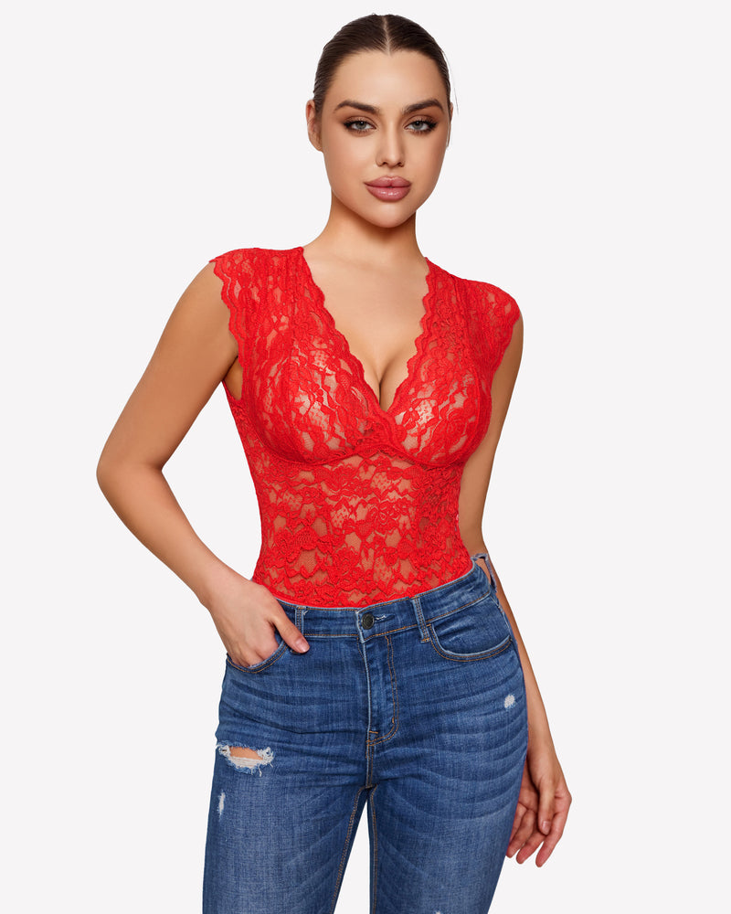 Red lace bodysuit with deep V-neck and cap sleeves, paired with blue jeans. Sexy lingerie for women.