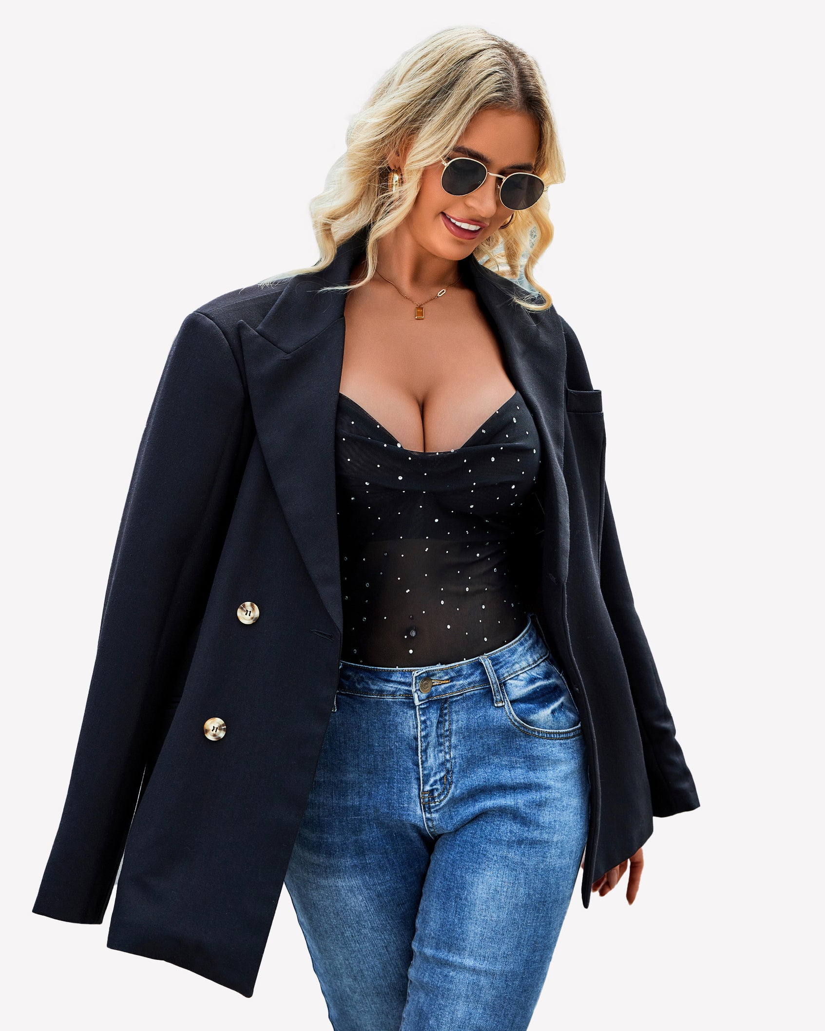 Mesh sequin cowl neck tank top with black blazer and jeans. Stylish and sexy camisole for women.