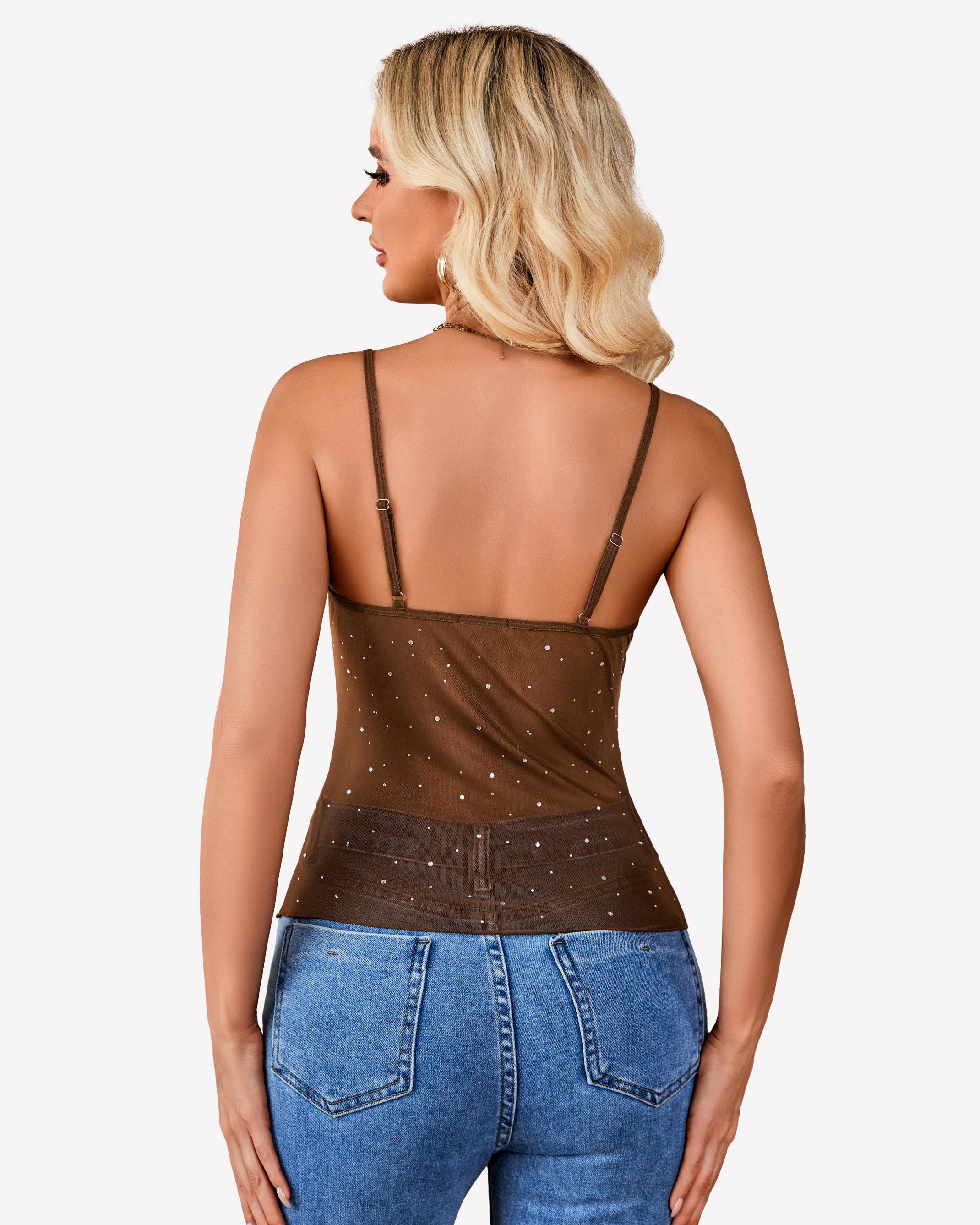 Brown mesh sequin cowl neck tank top with backless design. Stylish camisole for women.