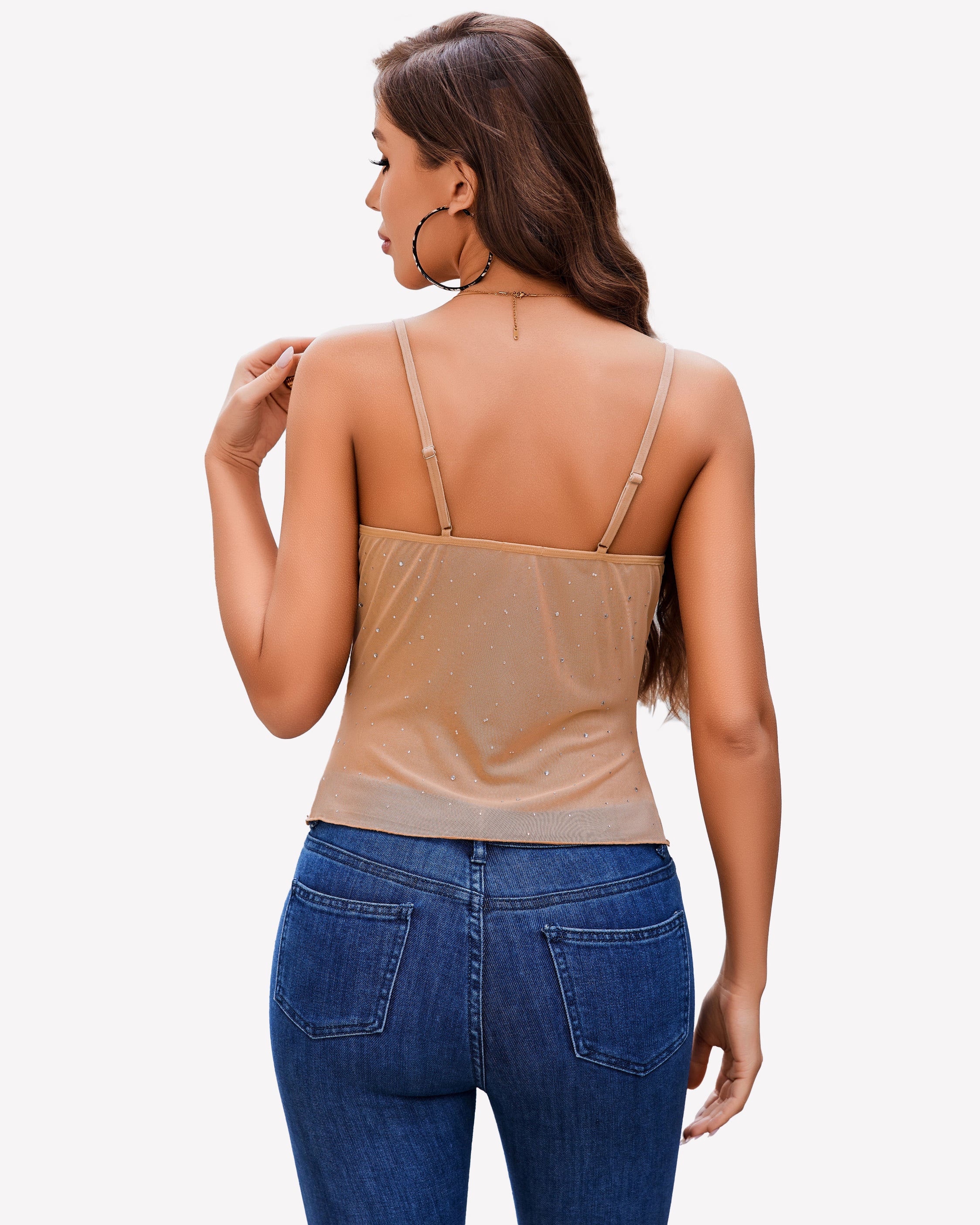 Mesh sequin cowl neck tank top with backless design and blue jeans. Stylish camisole for women.