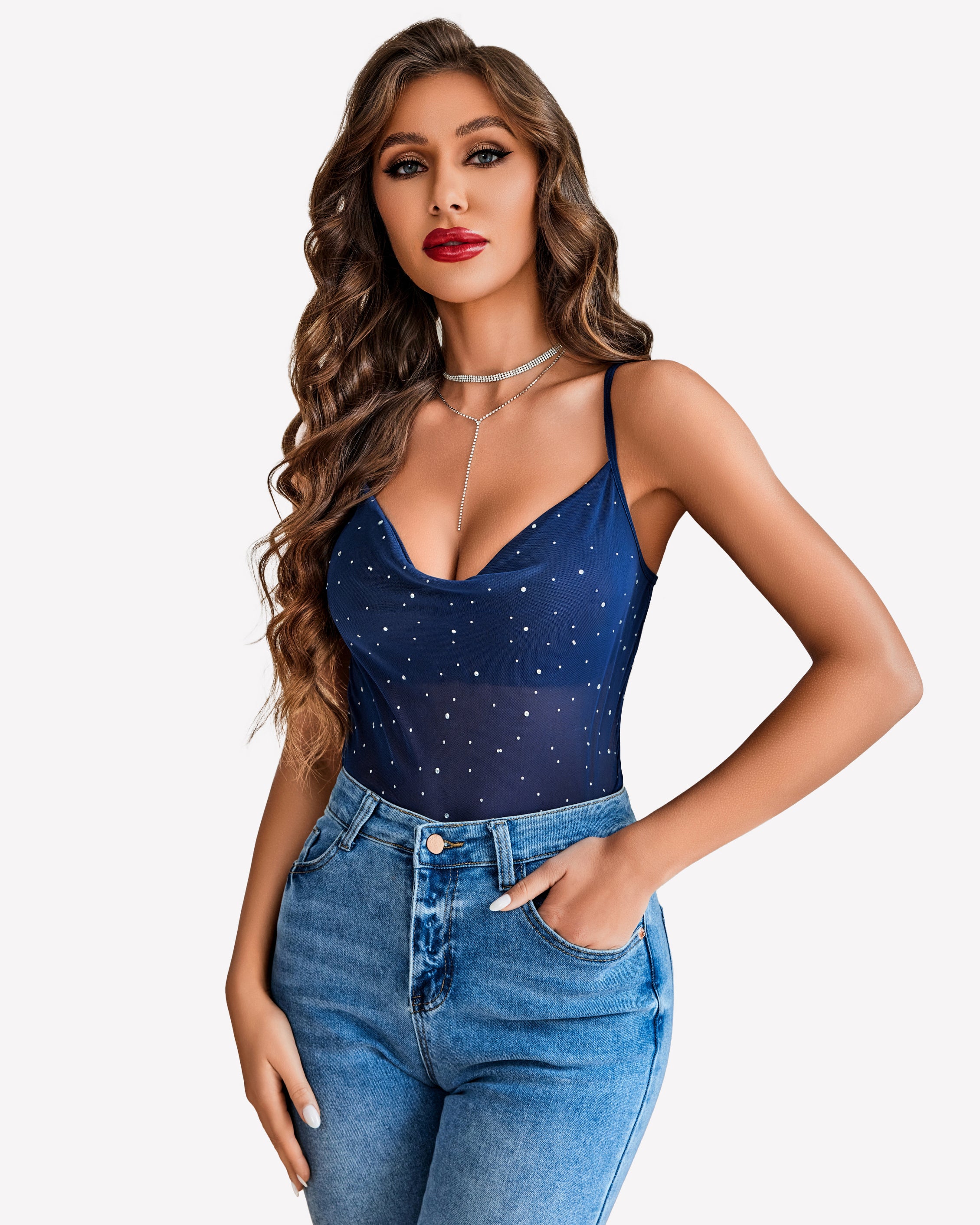 Navy mesh sequin cowl neck tank top with blue jeans. Stylish and sexy camisole for women.