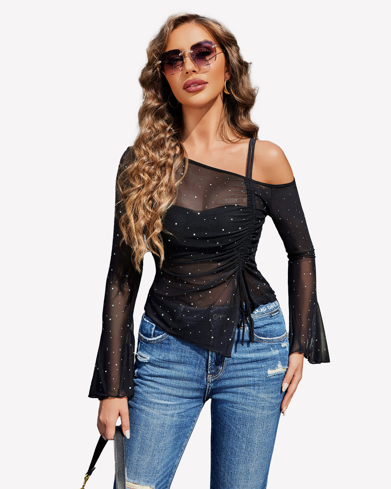 Black mesh rhinestone top with off-shoulder design and long sleeves, perfect for various events