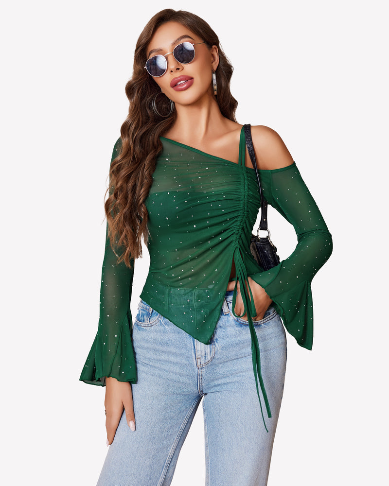 Green mesh rhinestone top with off-shoulder design and long sleeves, perfect for various events