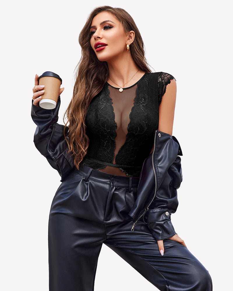 Black lace teddy bodysuit with snap crotch, mesh and lace details, perfect for daily wear