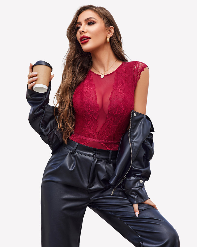 Burgundy mesh lace teddy bodysuit with snap crotch, perfect for daily wear, lace details