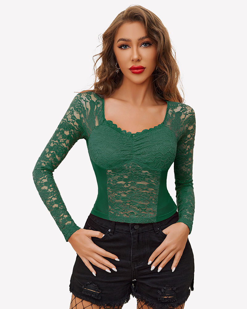 Green lace long sleeve mesh V neck top for women, elegant design, perfect for a night out