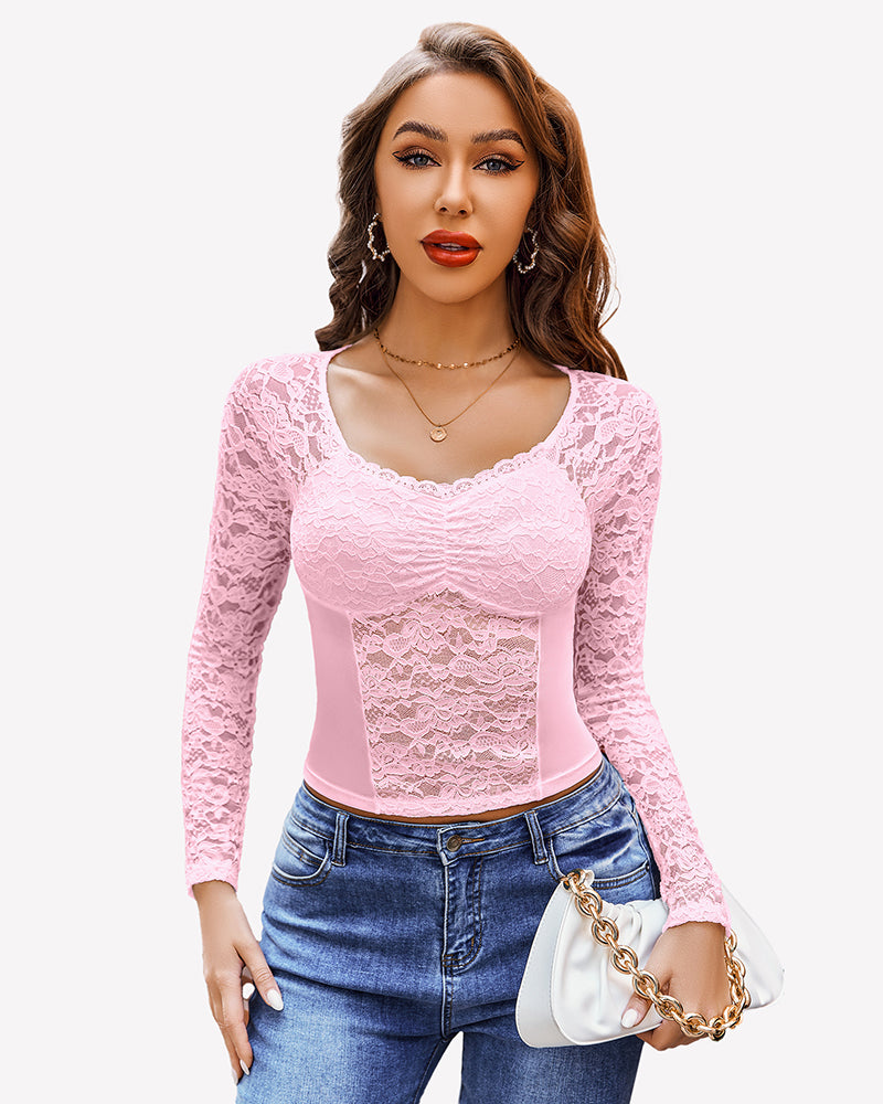 Pink lace long sleeve mesh V neck top for women, elegant design, perfect for a night out