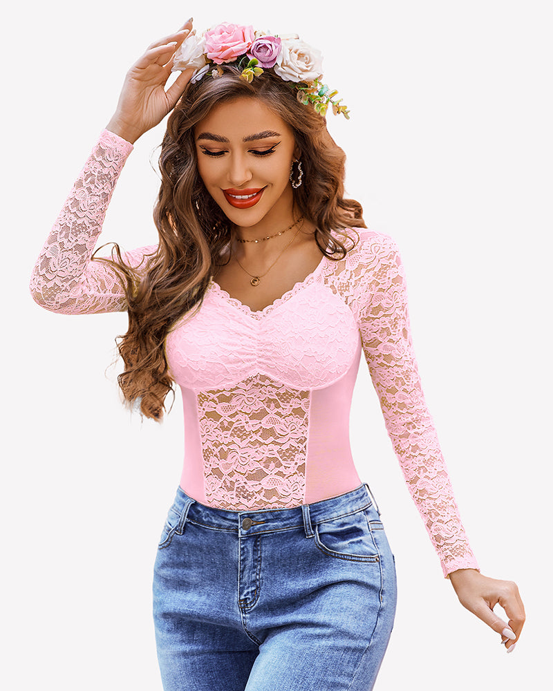 Elegant pink lace long sleeve mesh V neck top, perfect for women's night out