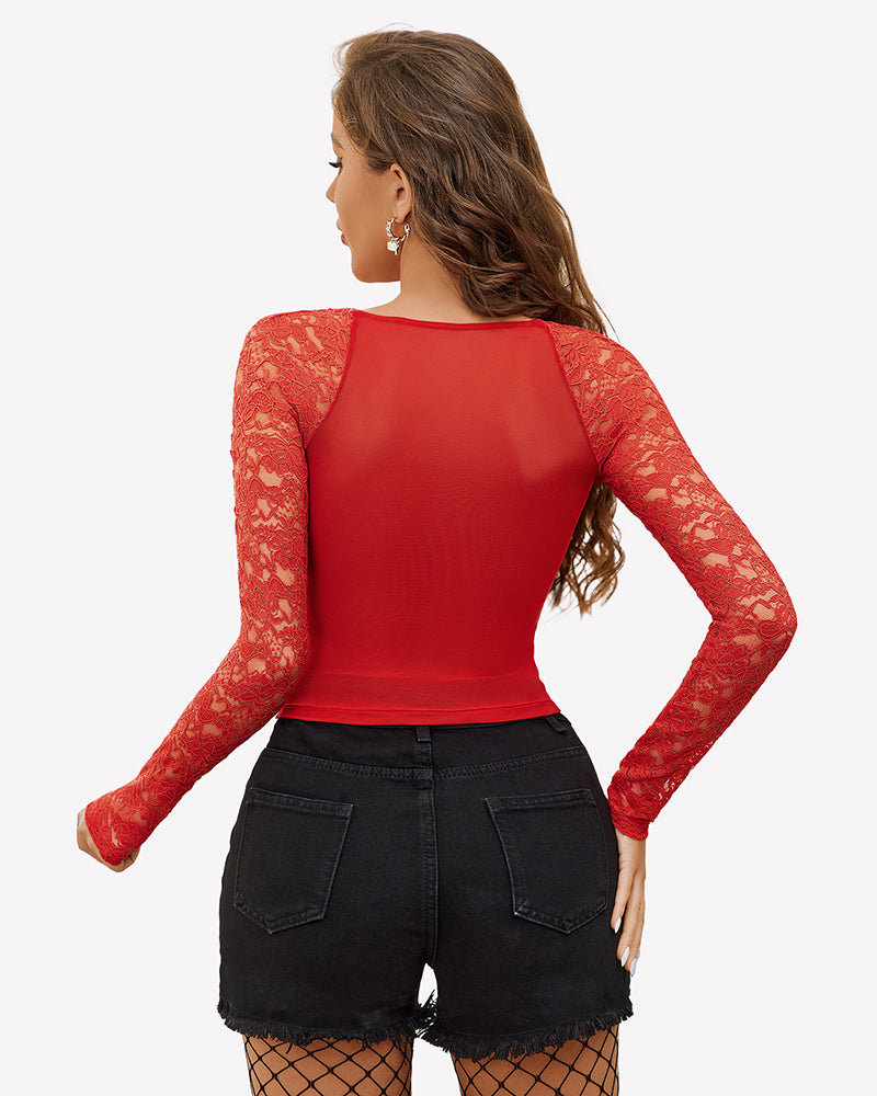 Red lace long sleeve mesh V neck top, elegant design for women, perfect for a night out.