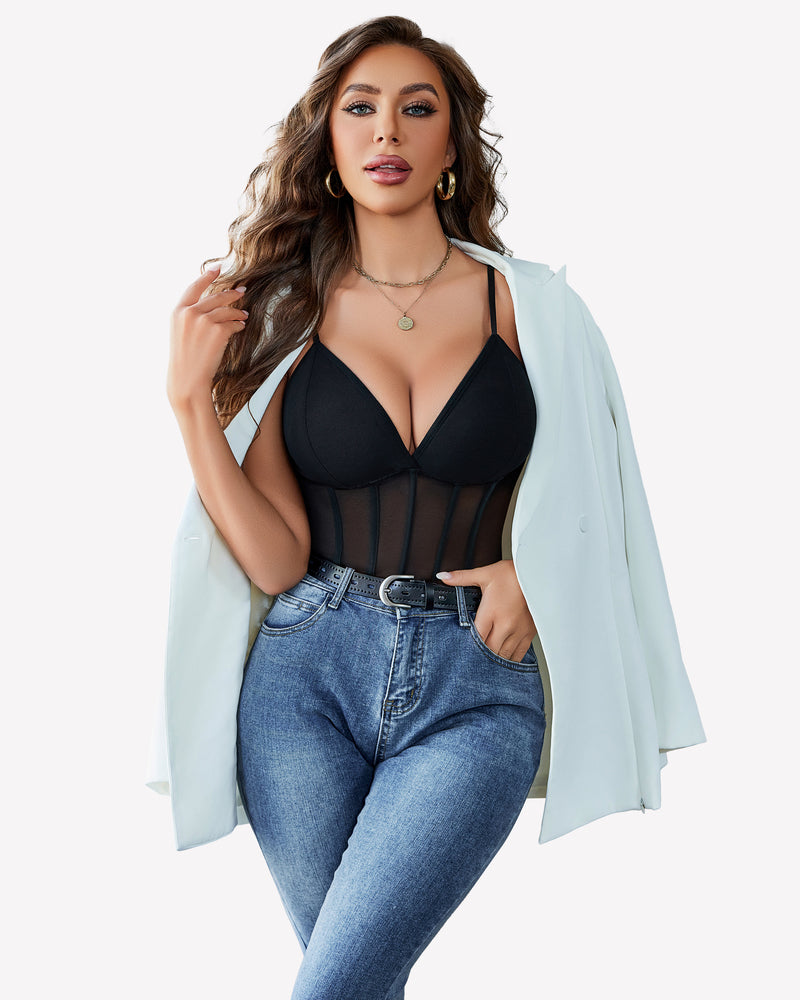 Black cami mesh bustier bodysuit with adjustable straps and sheer panels, paired with blue jeans