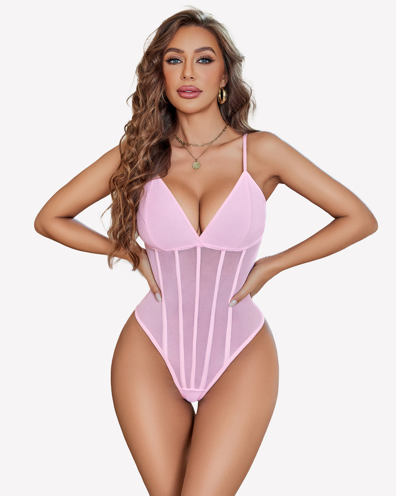 Pink Mesh Bustier Bodysuit with Adjustable Straps and Sheer Panels, body-hugging silhouette.