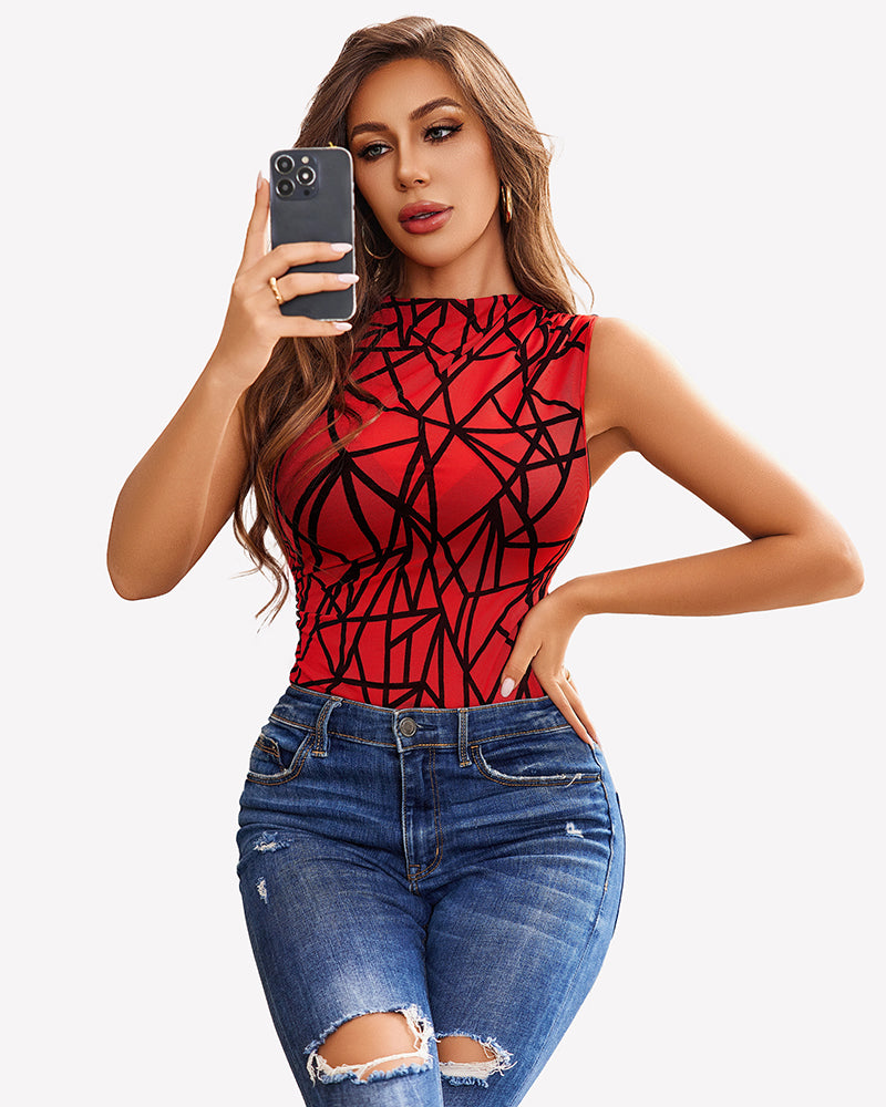 Red geometric mesh bodysuit, sleeveless, mock neck, ruched, paired with jeans. Clubwear.