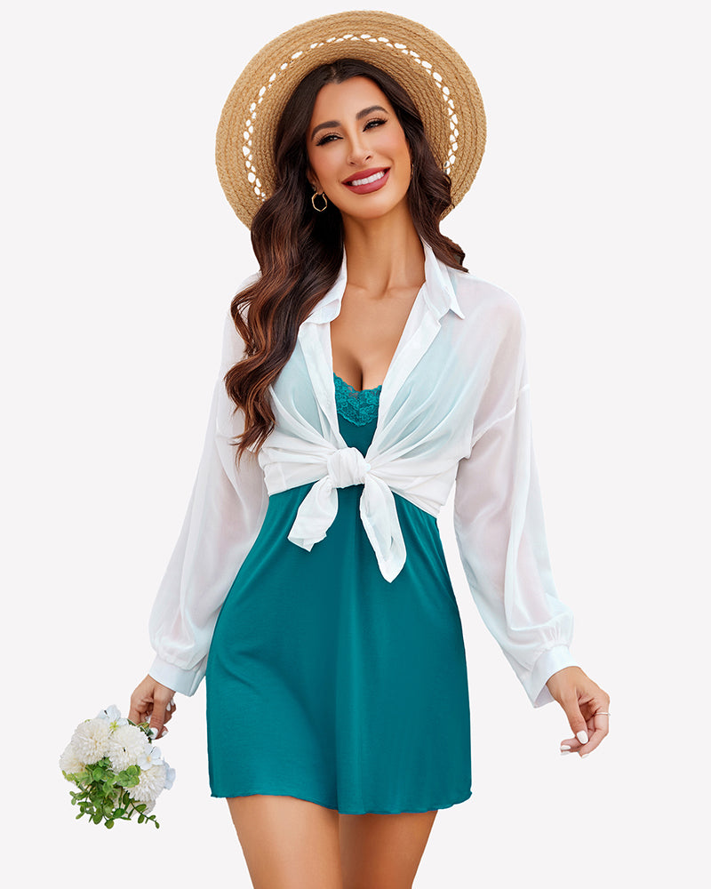 Teal lace babydoll with adjustable straps, white shirt, and straw hat. Sexy nightwear.