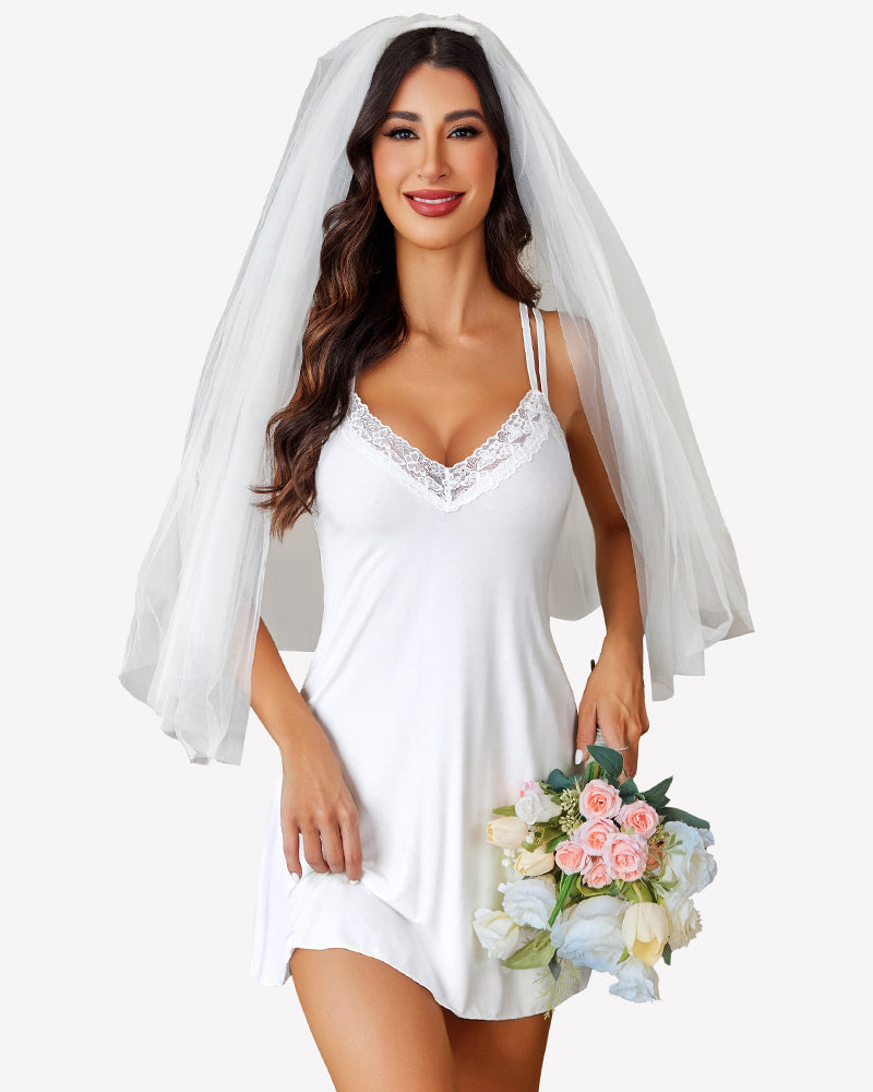 White lace babydoll bridal nightgown, veil, flowers, sexy nightwear, adjustable straps