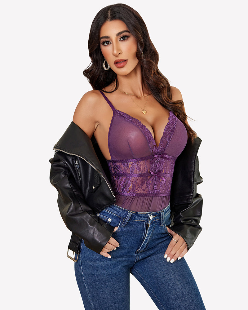 Purple lace bodysuit with mesh detailing, V-neck, and bow, perfect for sexy sleepwear
