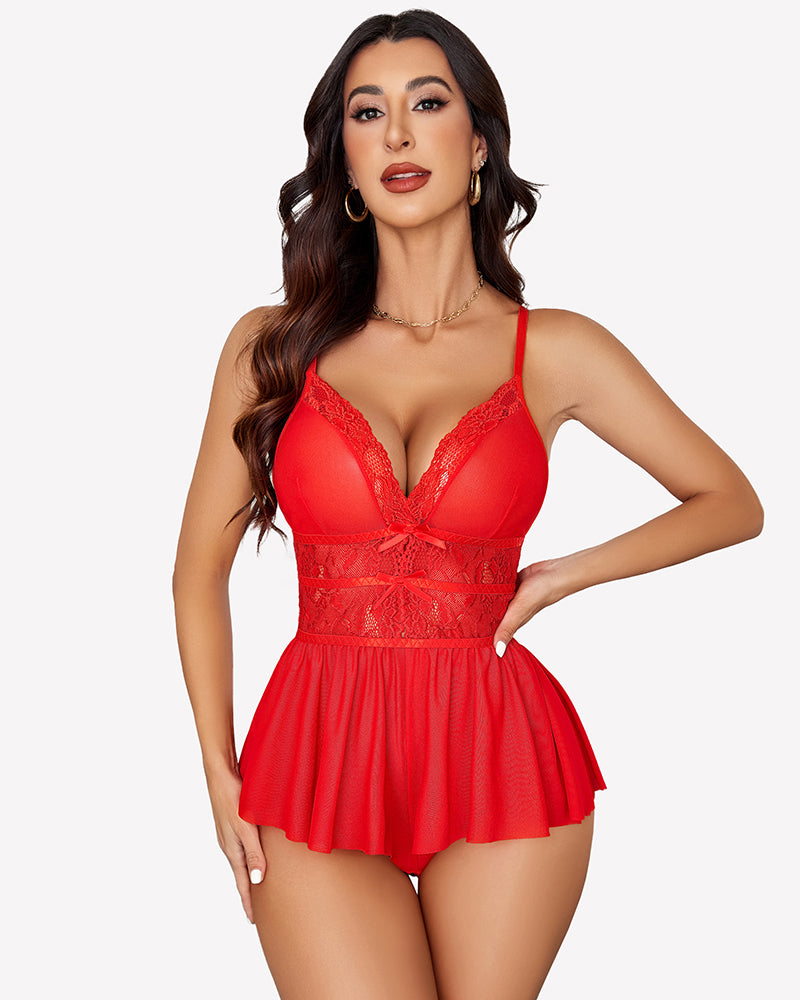 Red lace bodysuit sleepwear with V-neck and mesh details, perfect for a sexy night.