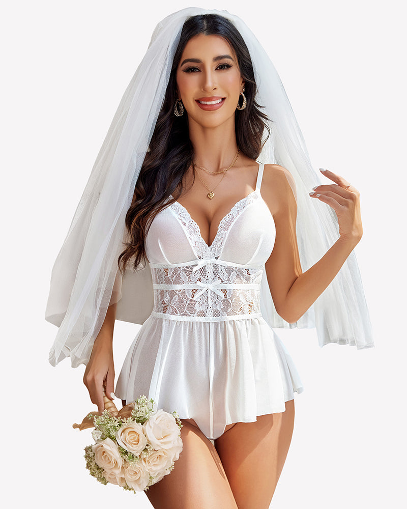 White lace bodysuit sleepwear with V-neck, mesh details, and bridal veil, perfect for a sexy night.