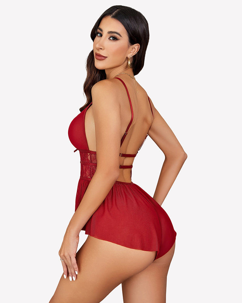Burgundy V-neck lace bodysuit sleepwear with mesh details, perfect for a sexy night.