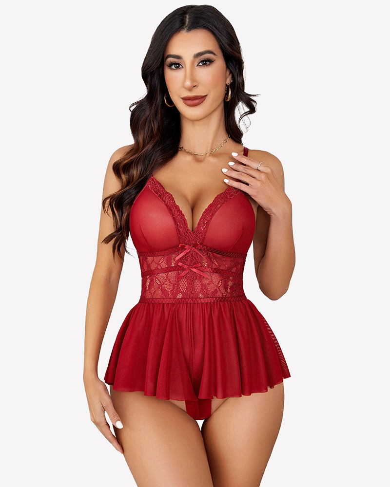 Red V-neck lace bodysuit sleepwear with mesh and lace details, perfect for a sexy night.