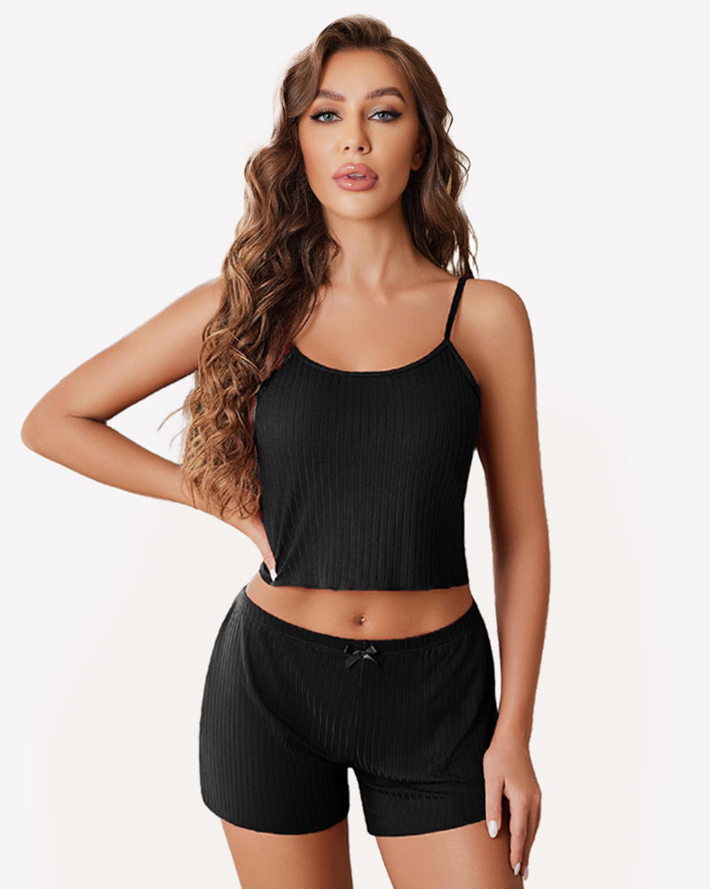 Black ribbed cami pajama set for women, comfortable sleepwear with scoop neck and bow detail