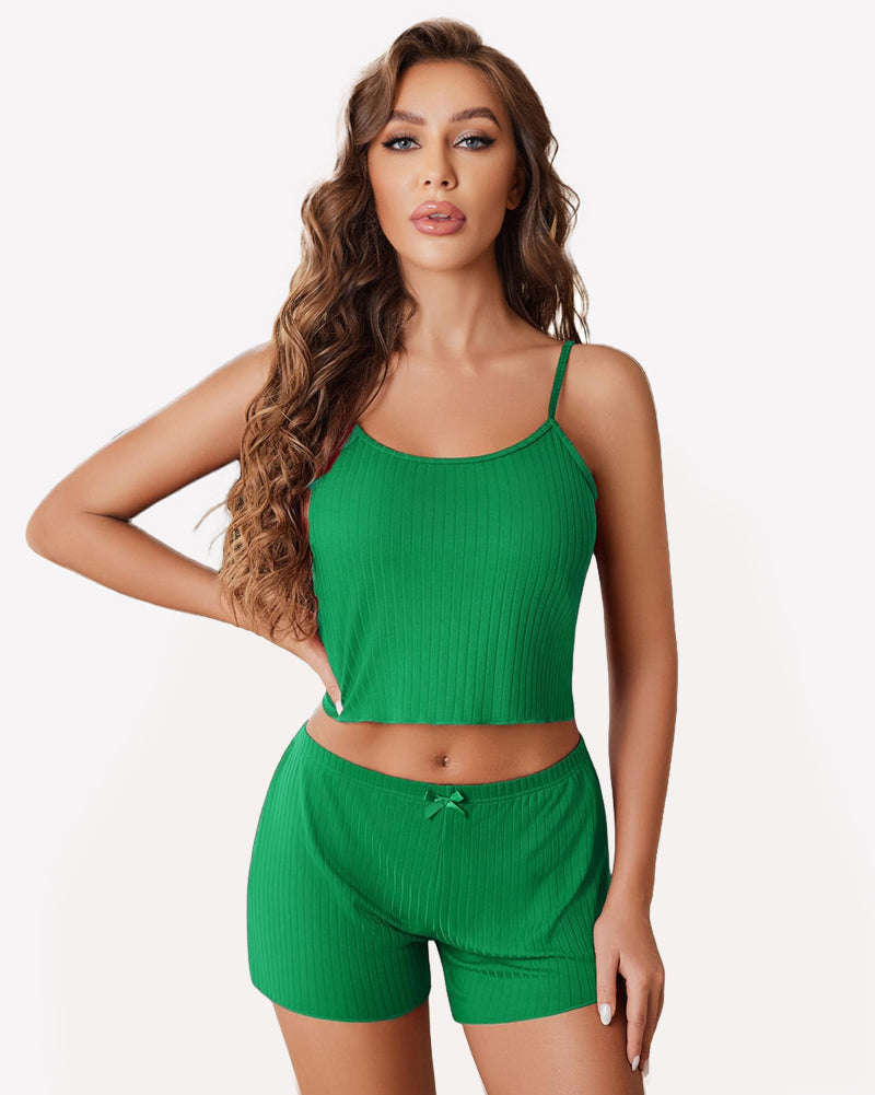 Green ribbed cami pajama set for women, comfortable sleepwear with bow detail, soft fabric