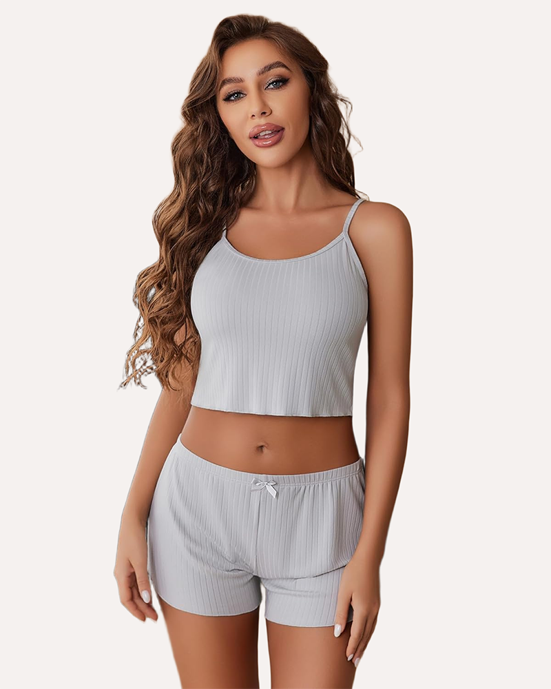 Light gray ribbed lounge set, comfortable sleepwear for women, scoop neck and adjustable straps