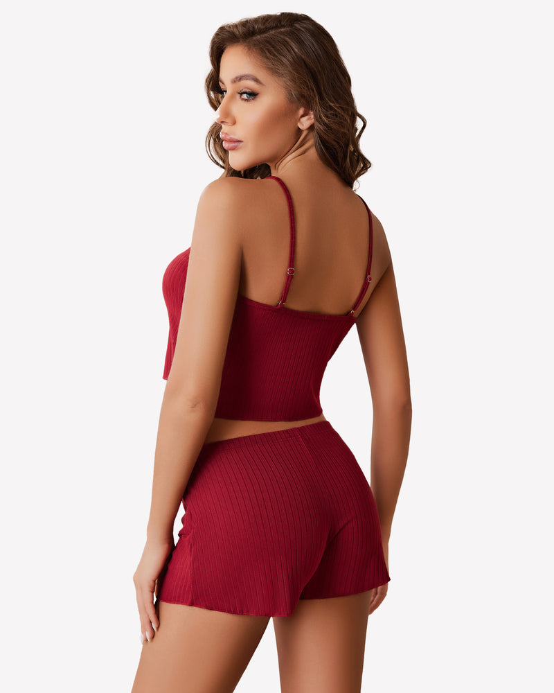 Burgundy ribbed cami pajama set, soft and comfortable sleepwear for women, adjustable straps
