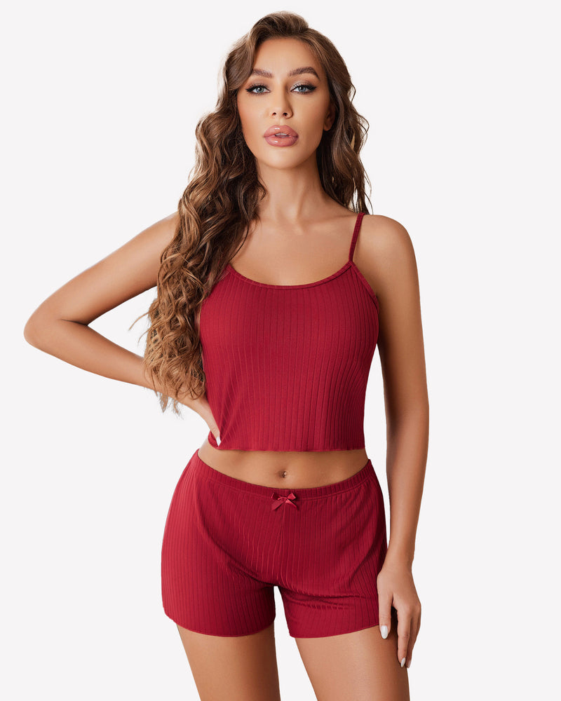 Burgundy ribbed cami pajama set, comfortable sleepwear for women, adjustable straps and bow detail