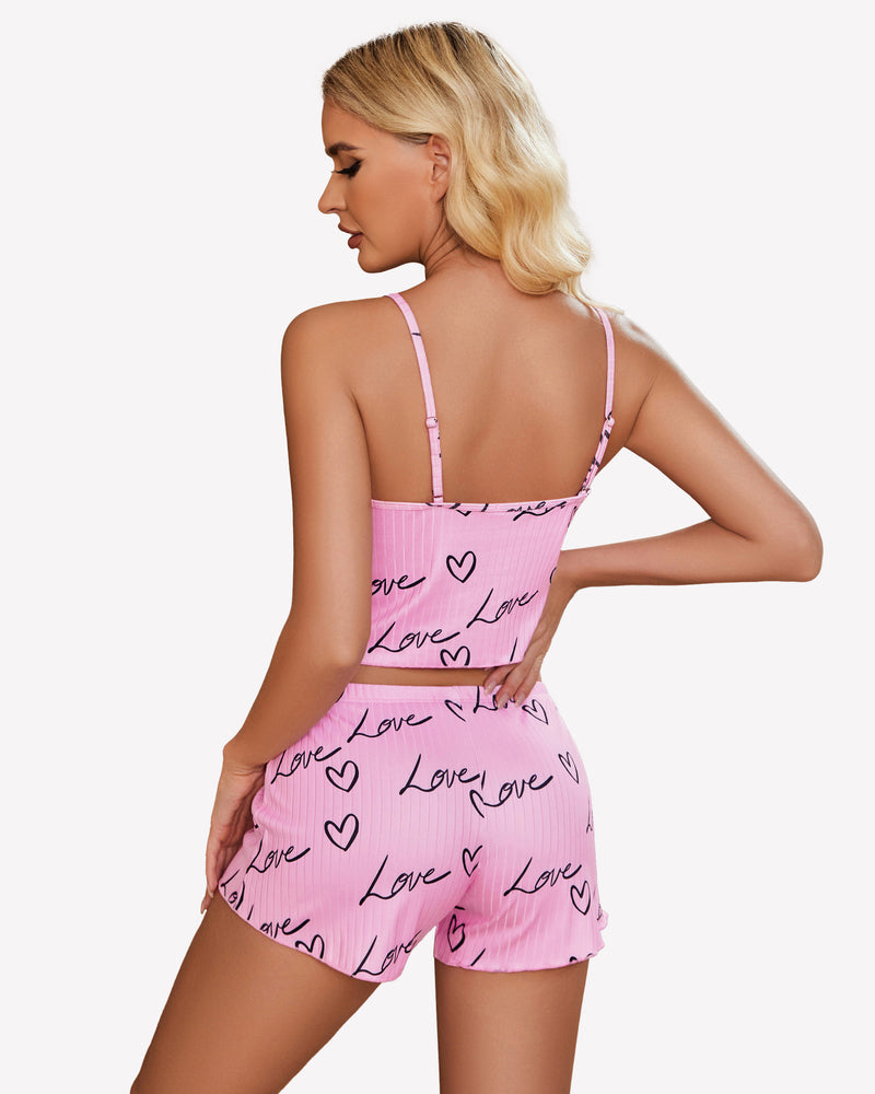 Pink ribbed lounge set with 'Love' and heart print, soft and comfortable sleepwear.