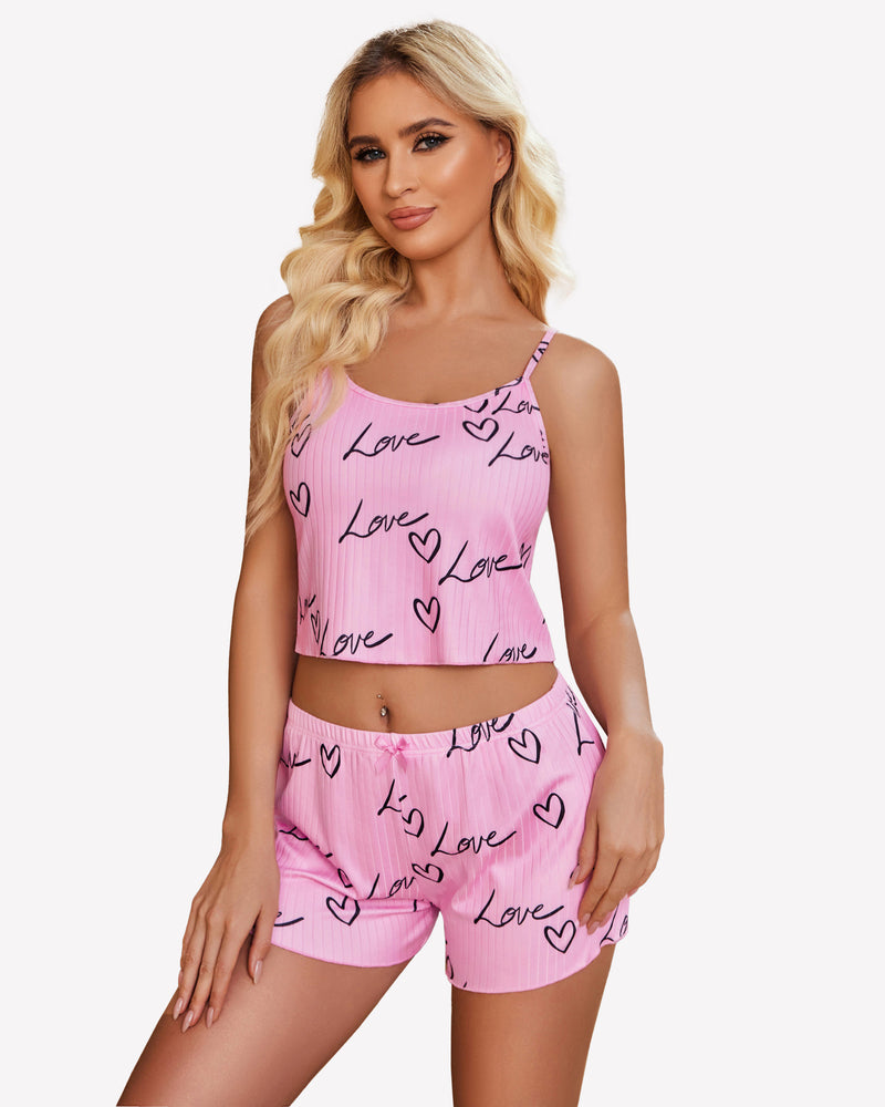 Pink ribbed cami pajama set with 'Love' and heart print, comfortable sleepwear for women.