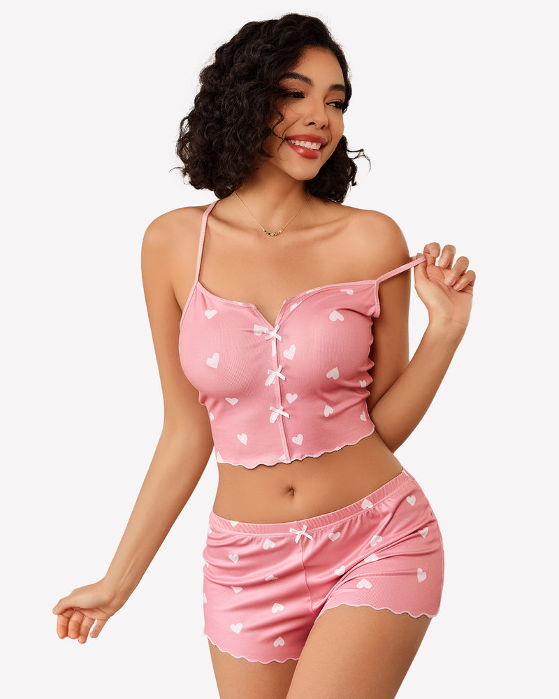 Pink heart print ribbed cami pajama set with bow details and lettuce trim, comfortable sleepwear