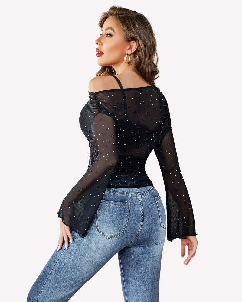 Black mesh off-shoulder shirt with rhinestone accents and bell sleeves, stylish look.