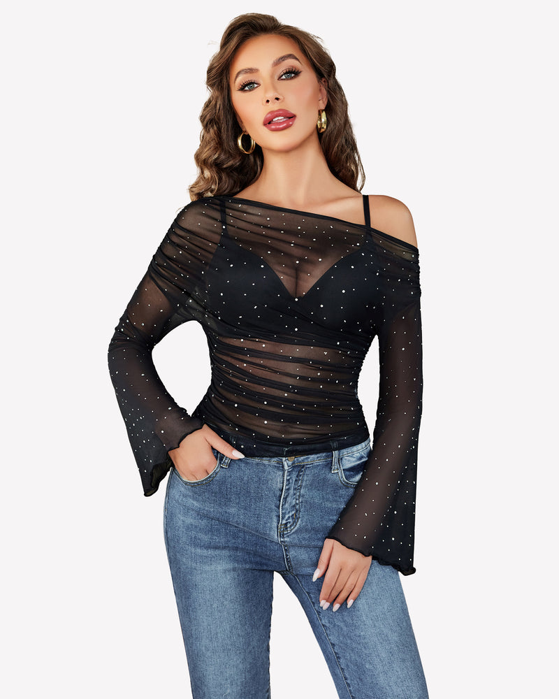 Mesh top long sleeve off the shoulder shirts with rhinestone accents, a stylish and sexy look.
