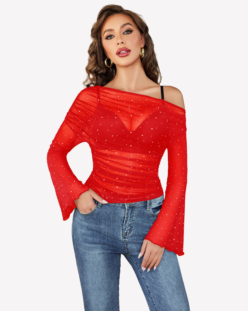 Red mesh off-shoulder top with rhinestone accents and bell sleeves, a stylish and sexy look.