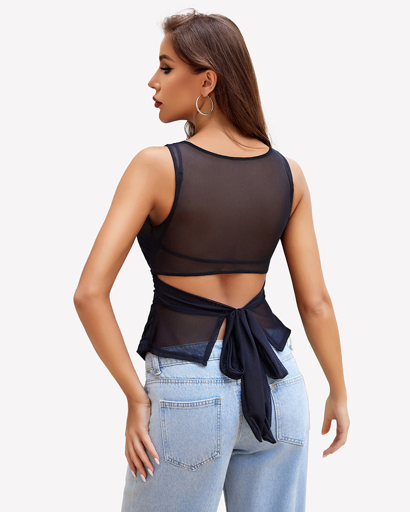 Black mesh tank top with boat neck and tie back detail, perfect for casual and night out wear